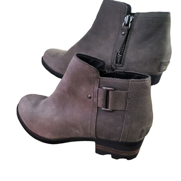 Sorel Lolla Ankle Bootie 6.5 Womens Grey Side Zipper Chunky Round Toe Leather - Picture 3 of 8